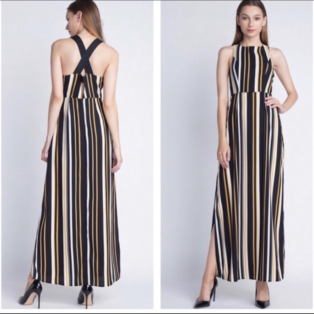 Black, yellow and white Striped maxi dress